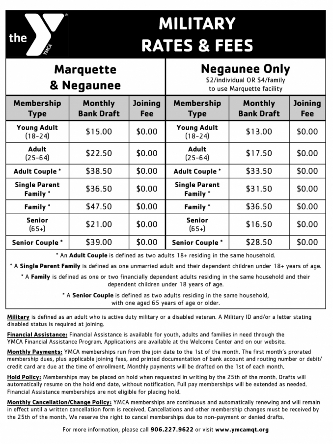 YMCA of Marquette County Membership Types and Fees